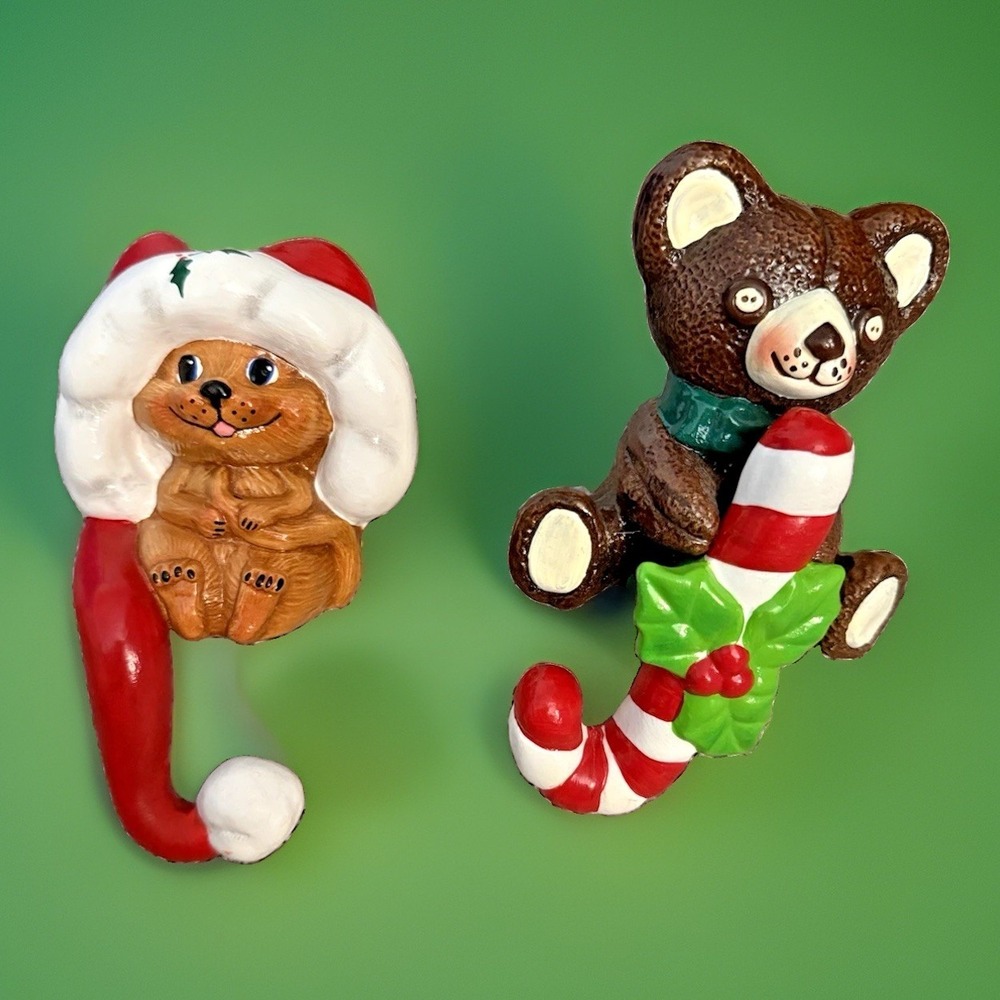 Vintage Hand Painted Ceramic Bear Christmas Stocking Holders Set 2 Mantle